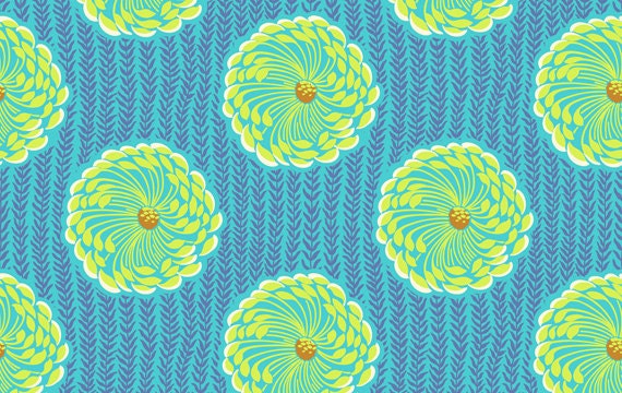 Amy Butler Soul Blossom Lime Green and Blue Floral cotton Fabric by the yard