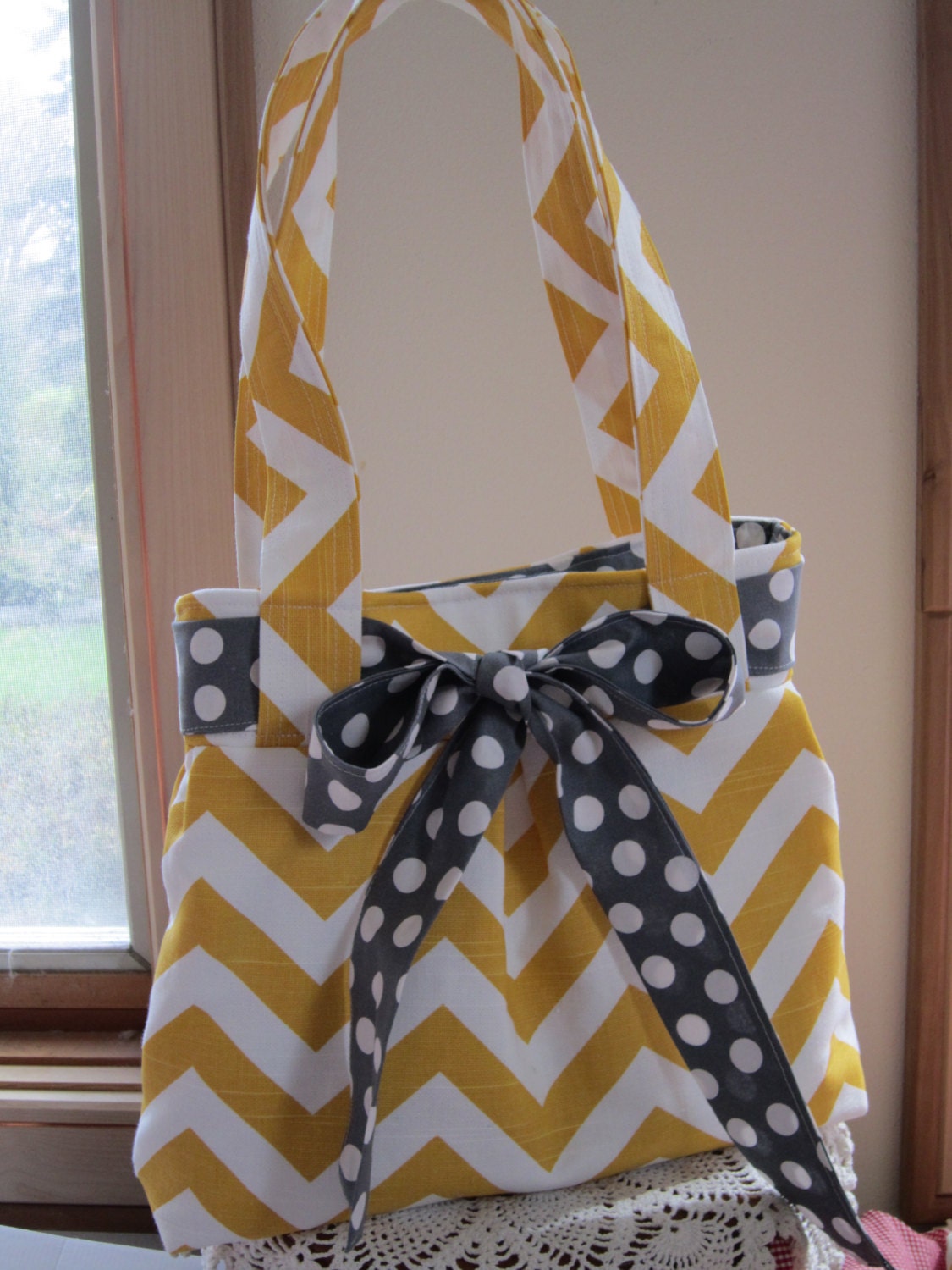 Pleated Handbag Purse Ipad Netbook Tote Yellow and White Chevron