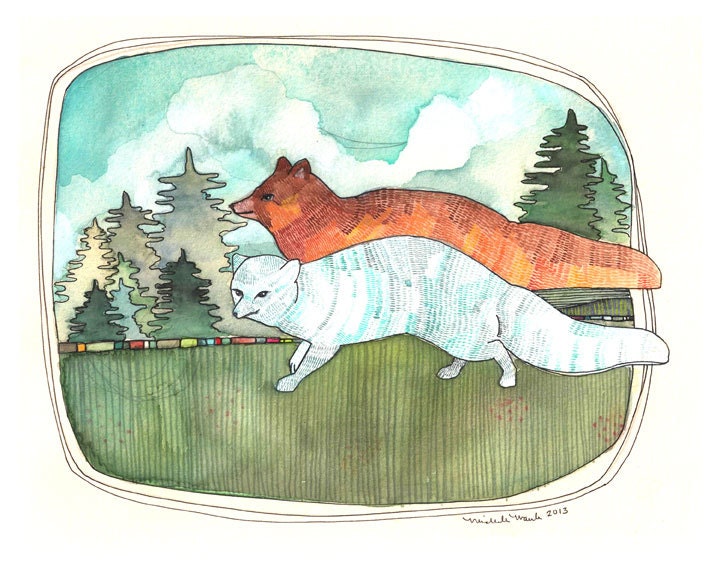 Fox Art / Fox Illustration / Fox Art Print / Art Print of an Original Painting / 8x10 - Winter Fox and Summer Fox