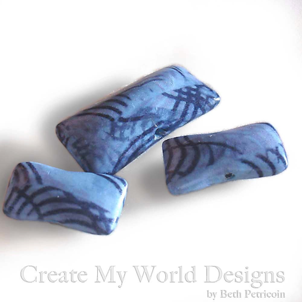 Blue Black Pillow Beads, Polymer Clay, Silk Fabric Dye Transfer, Tiger Striped