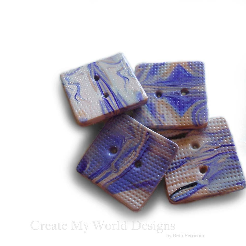 Square purple buttons, polymer clay, handmade, textured surface, beige, cream, set of 4