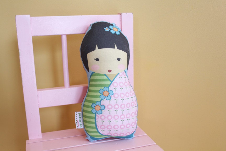 Doll Kokeshi by PETUNIAS - pillow stuffed japanese kimono plush softie room decor toddler baby gift photo prop toy pillow ready to ship