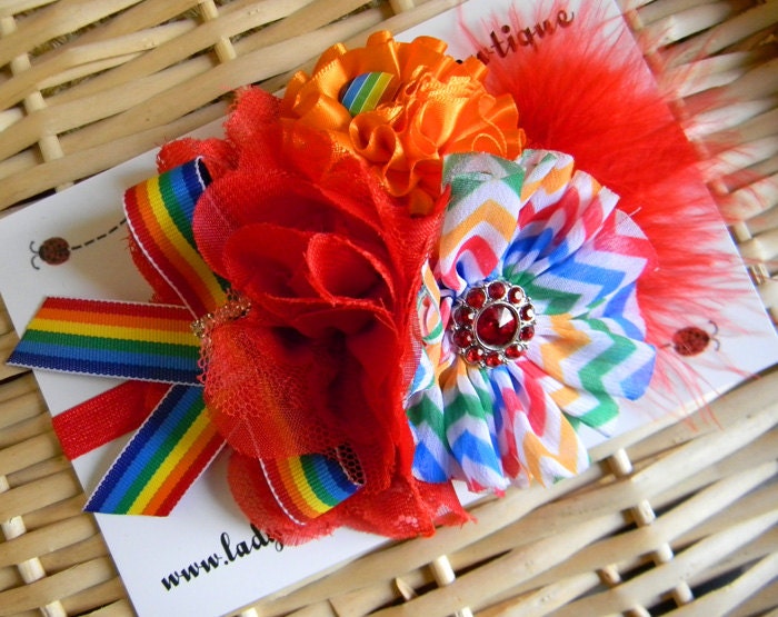 Flower Cluster and Feather Headband - Vintage Style on a Soft Elastic Headband - Custom Size - Red Circus Rainbow