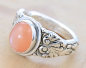 Spoon Ring with Peach Moonstone, Upcycled Sterling Silver, Size 10