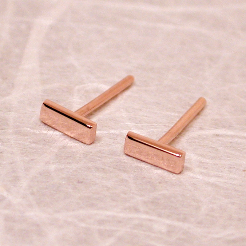 5mm x 2mm Solid 14k Rose Gold Stud Earrings Small Pink Gold Bar Rectangles by SARANTOS