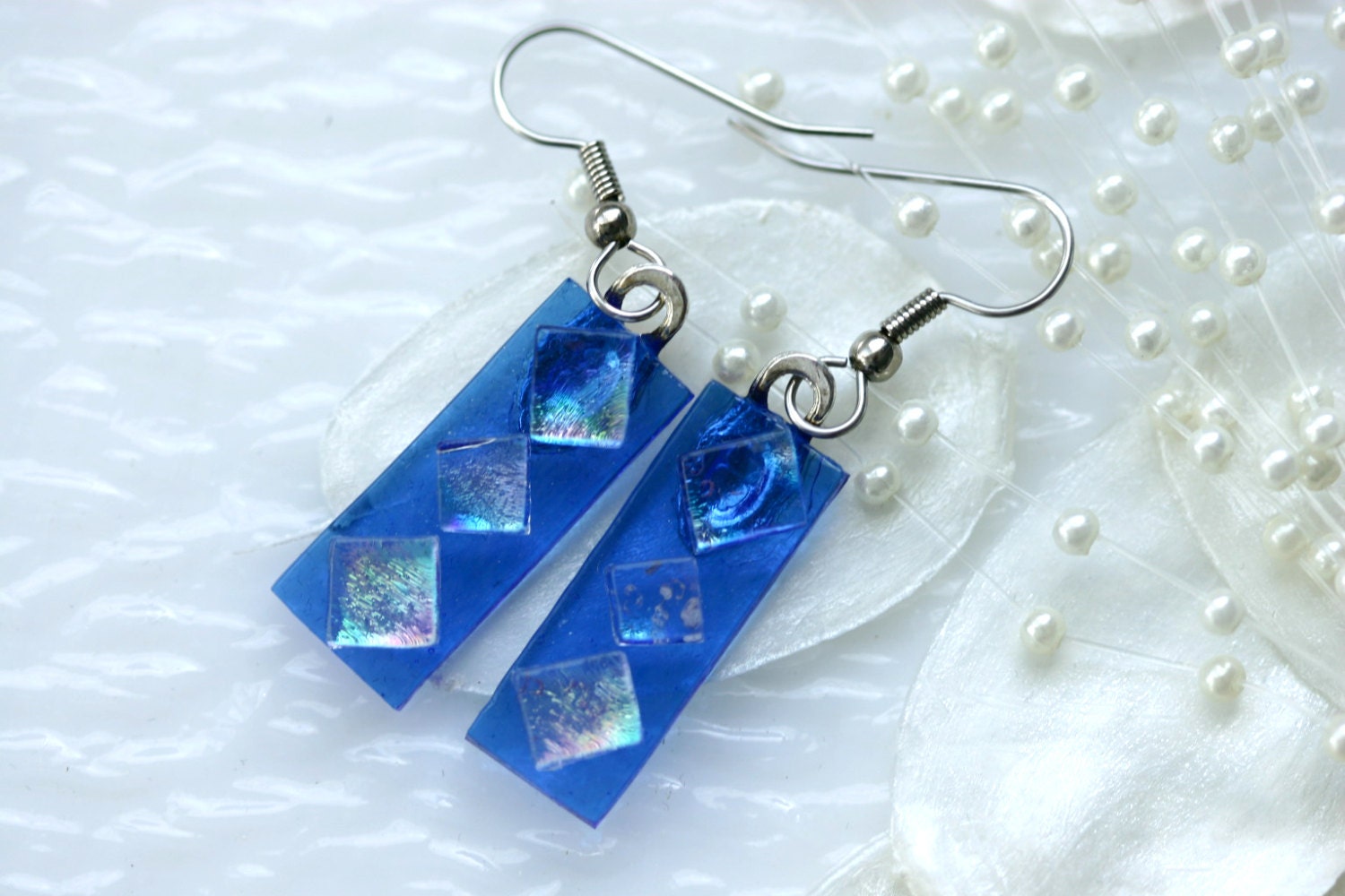 Blue Dangle Earrings in Dichroic Fused Glass ER083