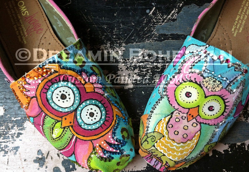Colorful Whimsy OWLS design hand painted on YOUR TOMS  design fee only