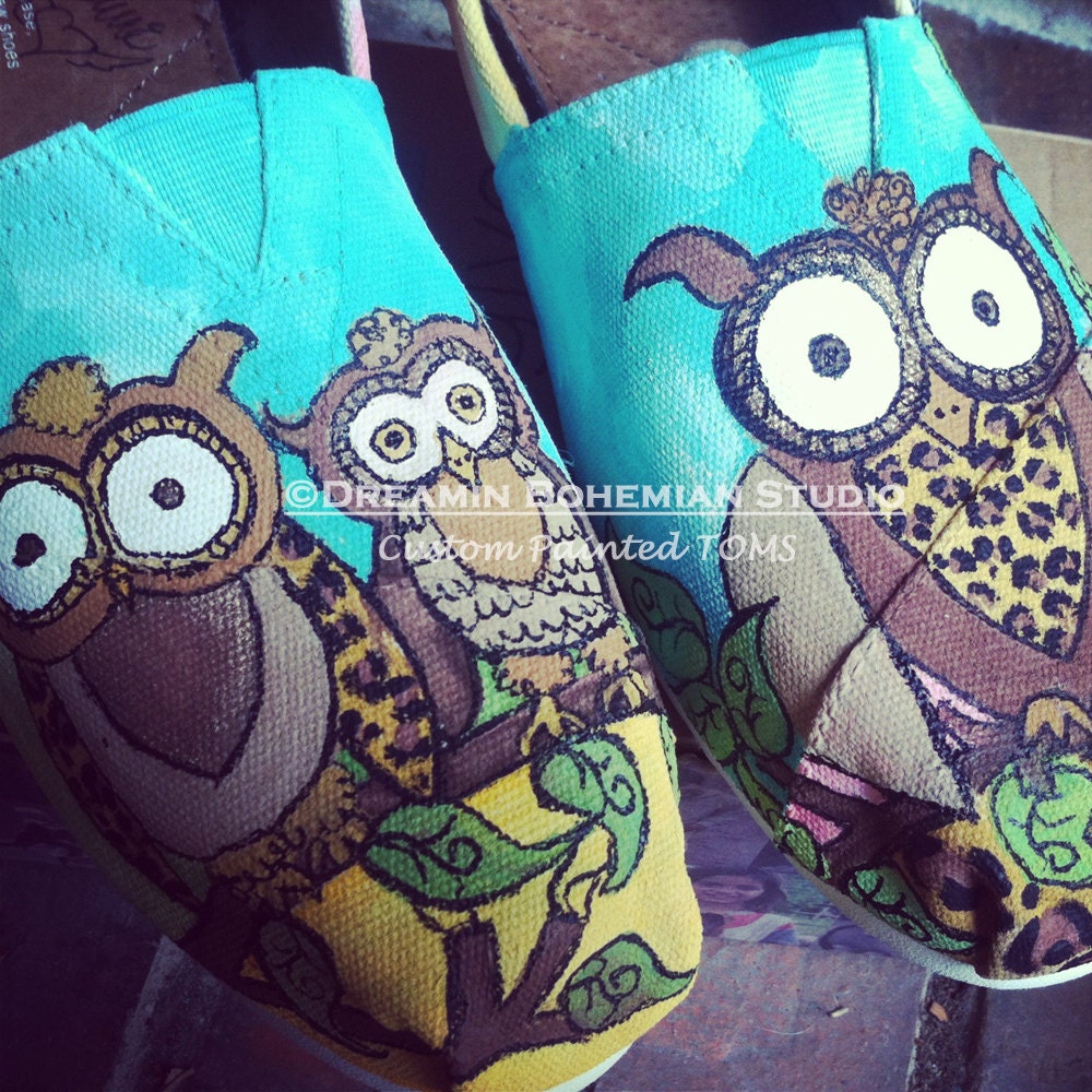 Hand Painting on your Toms Three Sweet Owls and a dab of cheetah print   This is the DESIGN FEE ONLY