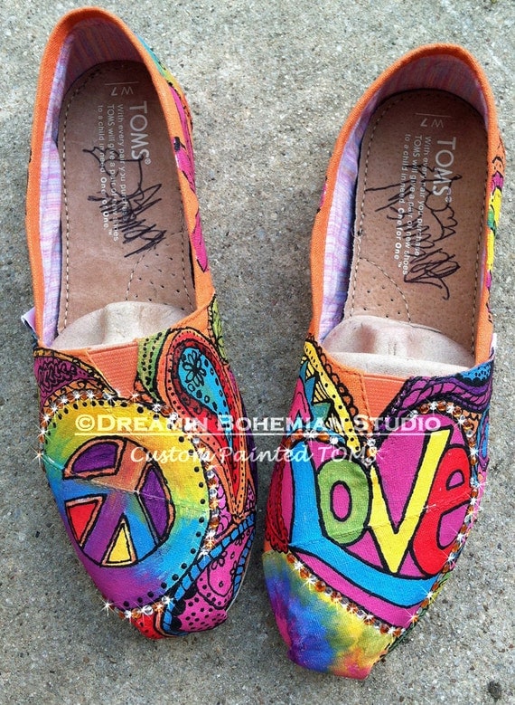 Peace love and paisleys Painted on YOUR TOMS with BLING