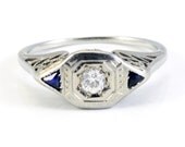 18K Antique Art Deco Diamond Sapphire Filigree Ring