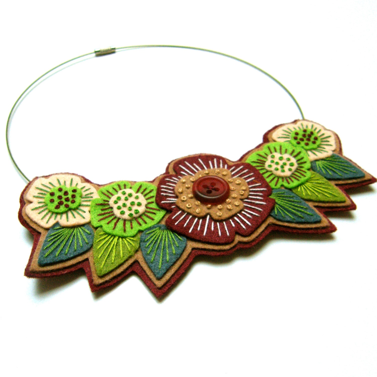 FELT NECKLACE with freeform embroidery on co-ordinating wire necklace