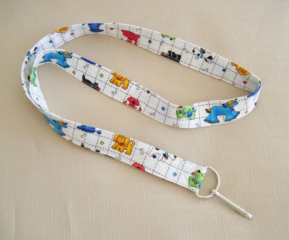 Dogs and cats on white - handmade fabric lanyard