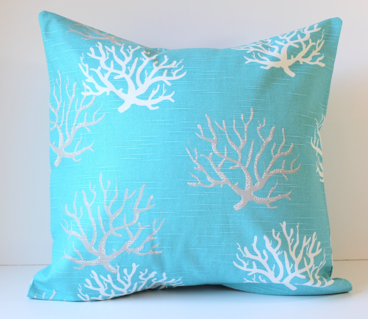 Decorative Pillow Cover - Taupe & White Coral on Aqua Blue - 18 x 18 Accent Cushion - Nautical Nursery Decor Children Dorm Beach Summer