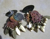 Vintage 80's Rusted Oxidized Brass Copper and Wood beads abstract earrings India Boho Hippie