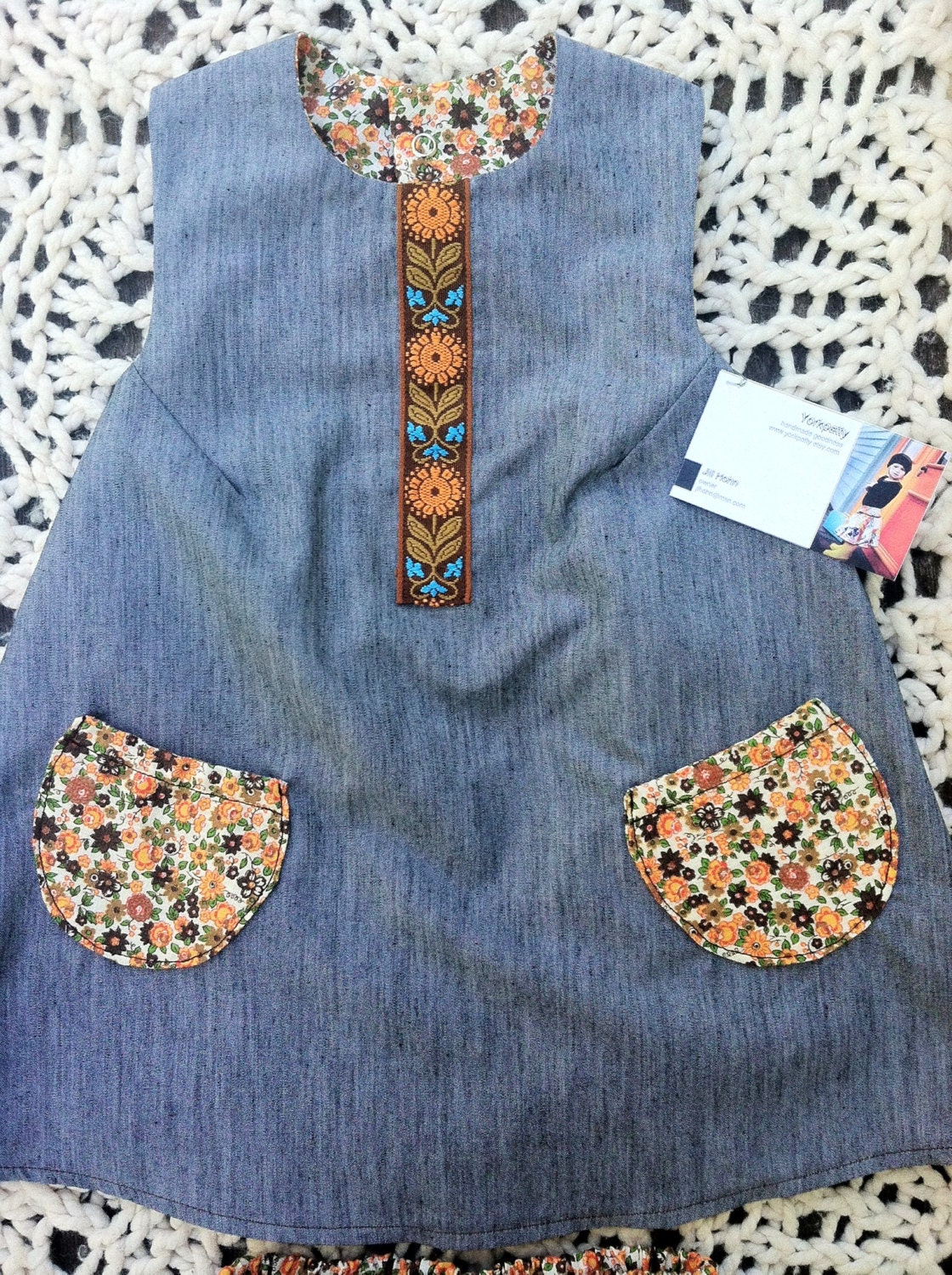 Vintage Trim Halter Dress and Panty Set - handmade, girl, toddler, floral, brown, orange, summer, pocket
