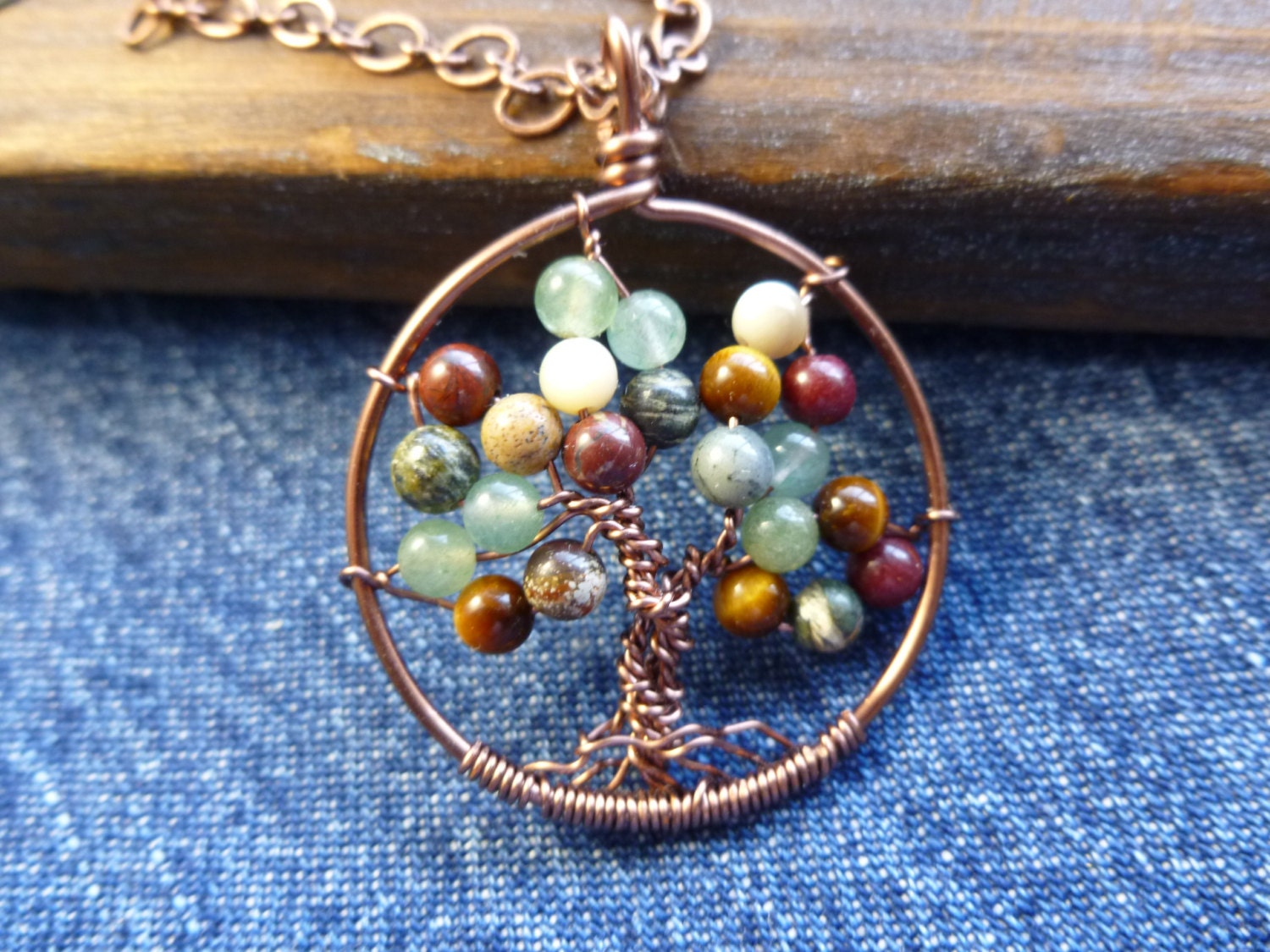 TREE of LIFE pendant with CHAIN Antique Copper with tiger eyes, jasper, aventurrine stones
