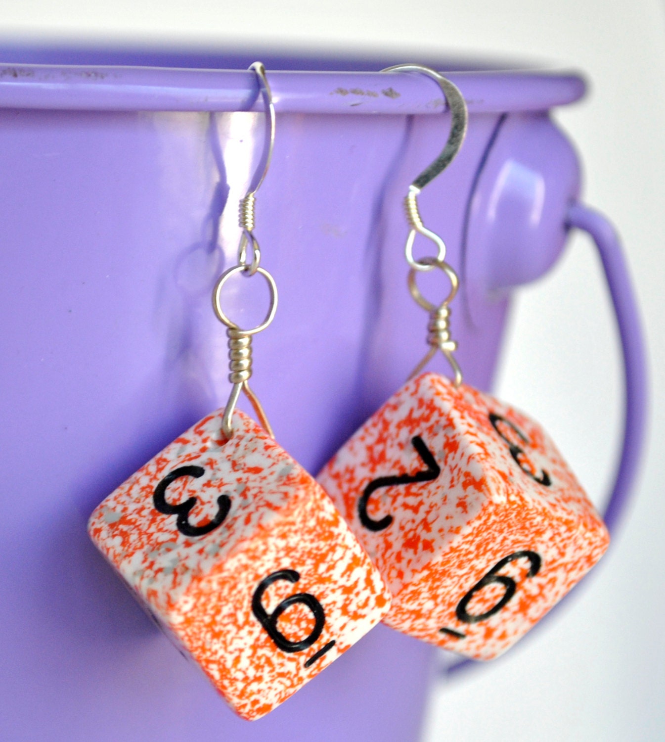 Orange Dice Earrings - Orange and White Speckled d6 Six Sided Dice Jewelry - Geeky Gamer Earrings