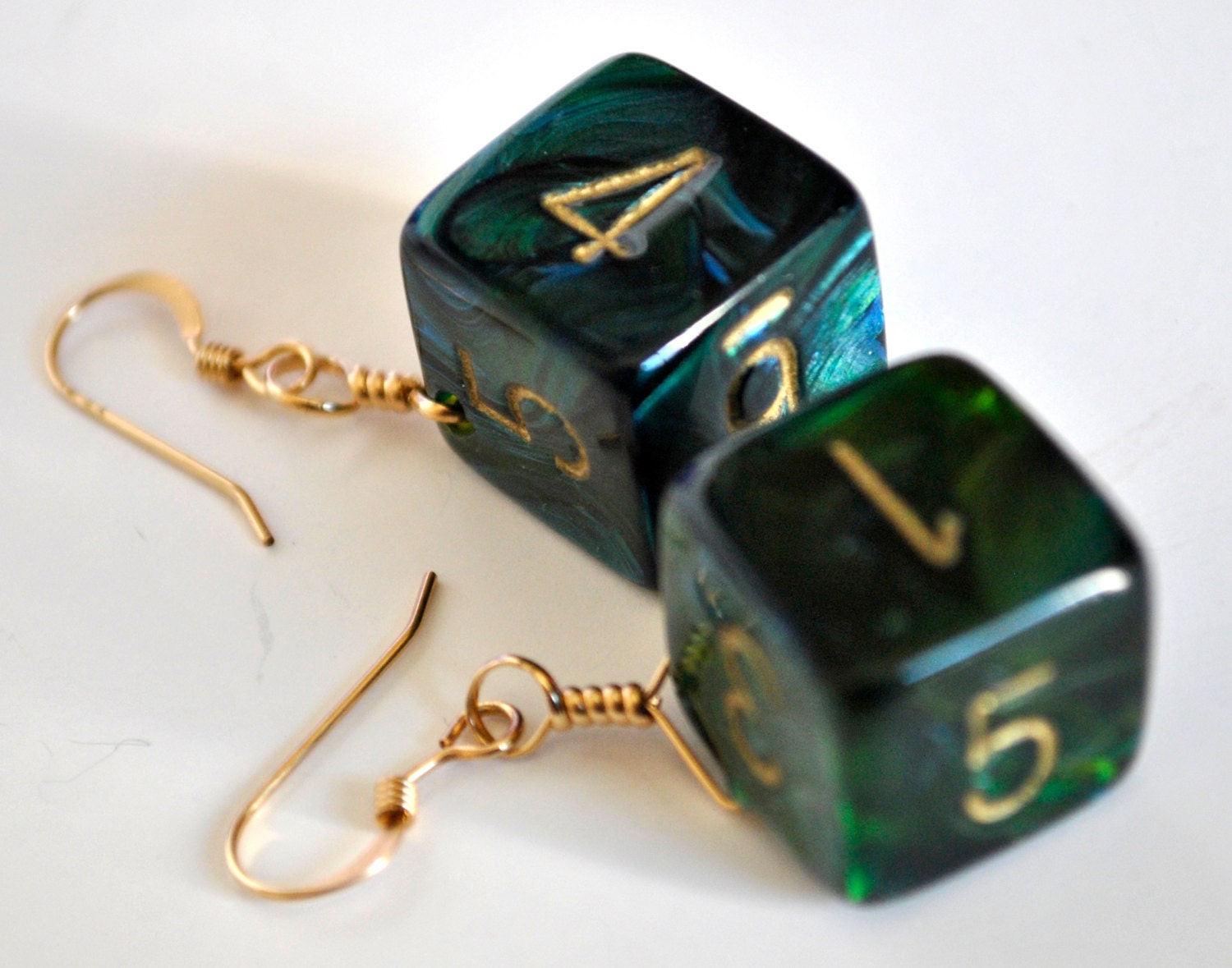 Dice Earrings - Green Swirl and Gold d6 Six Sided Dice - Geeky Gamer Jewelry