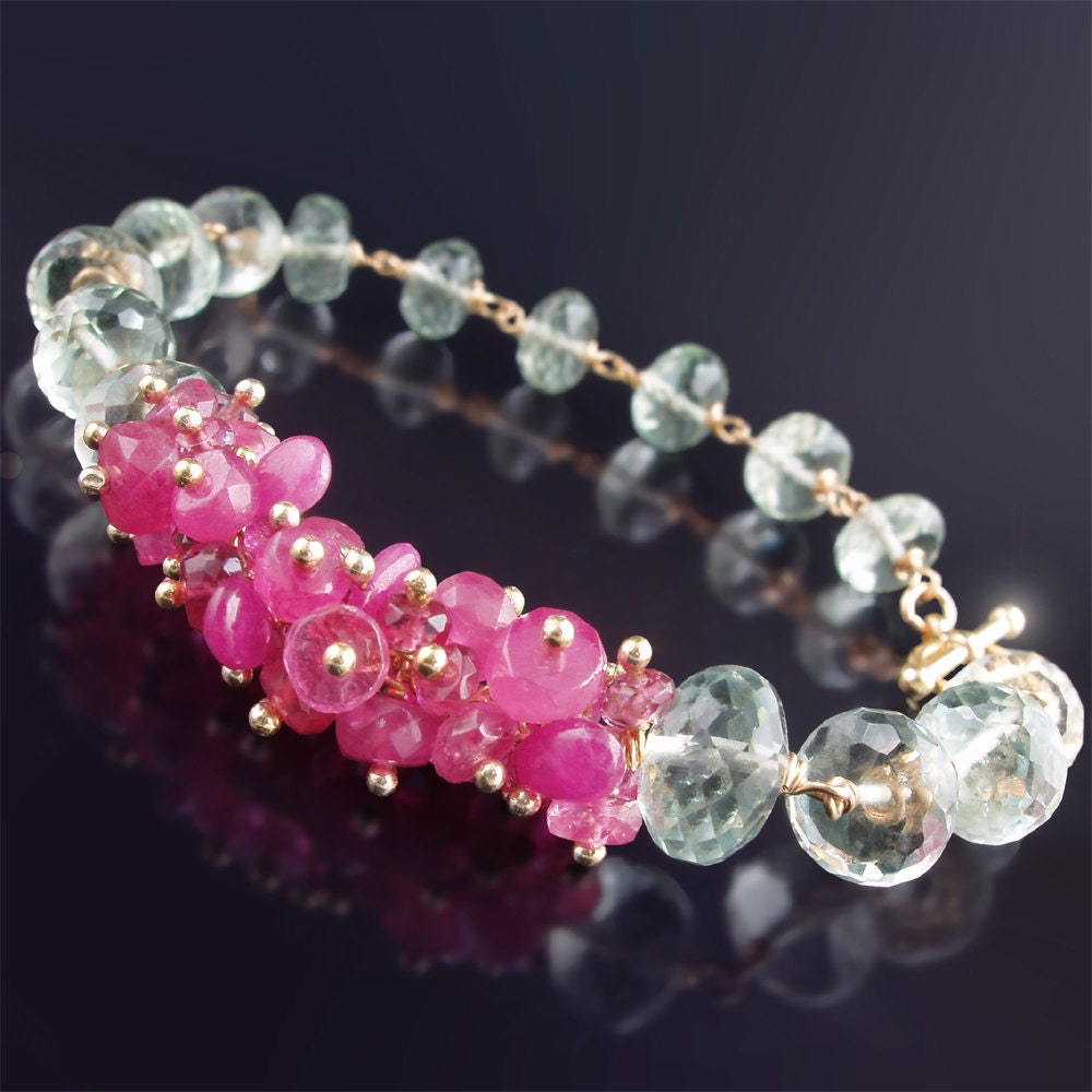 14k Yellow Gold Green Amethyst Bracelet with Pink Sapphires
