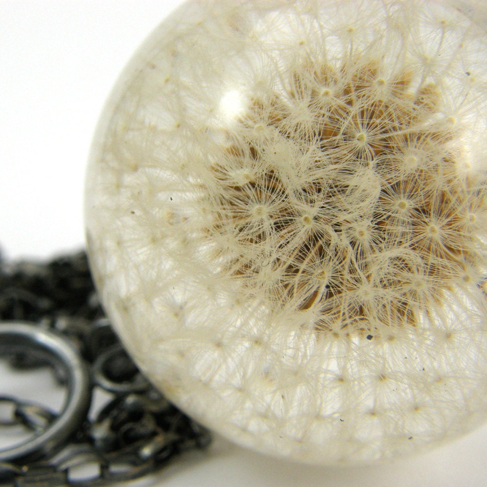 Dandelion Necklace, Large Resin Round with Full Dandelion and Oxidized Sterling Silver Chain