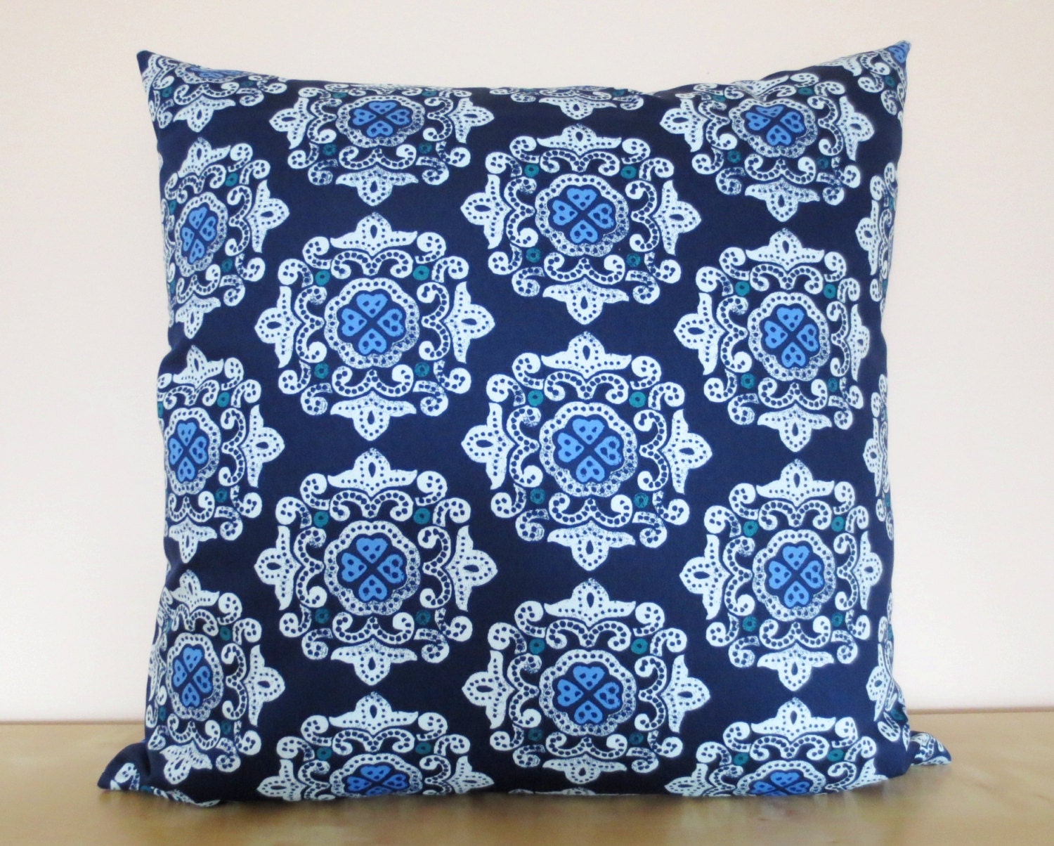 Batik Delhi Medallion decorative throw pillow cover 20 x20 inches /Accent cushion sham in navy blue/ indigo.