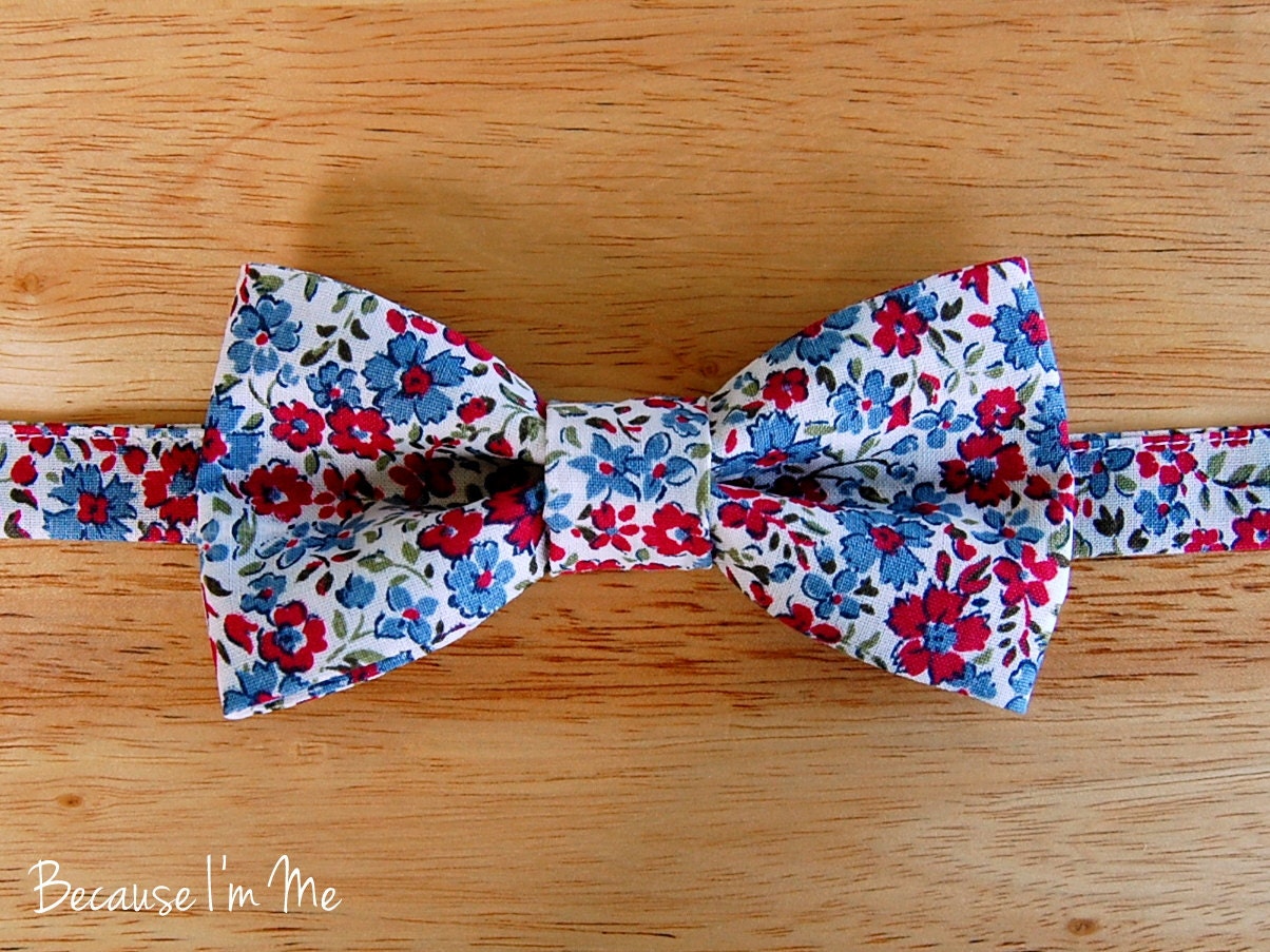 Boys Wonderful Blue, Dark Red, and Off White Floral Bow Tie, pre-tied and adjustable, bowtie in infant, toddler, child, preteen boy sizes
