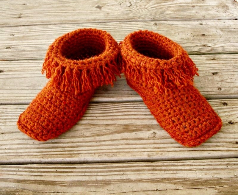 Hand Crocheted Slippers - Crochet Moccasin Slippers in Rust Orange - Womens Slippers Size Large US 9 or 10 - Ready To Ship