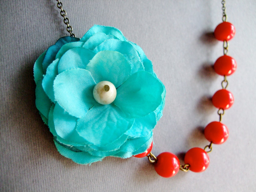 Aqua Fabric Necklace, Cherry Red Jewelry,Bridesmaid Necklace,Retro Jewelry,Spring Jewelry (Free matching earrings)