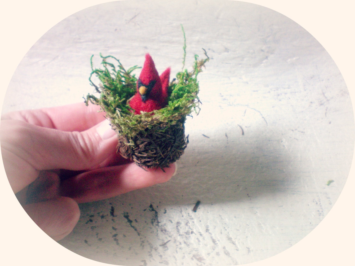 Mini Felted Cardinal In Nest