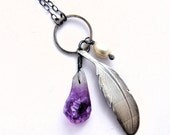 Scavenger Necklace Sterling Feather Amethyst and Pearl