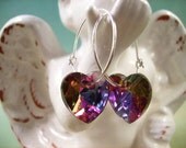 Crystal Heart Earrings, Iridescent Fuschia, Silver Hoop Earrings, FREE Shipping U.S.