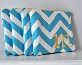 4 Bridesmaid Clutches - Turquoise Chevron with Yellow Initial