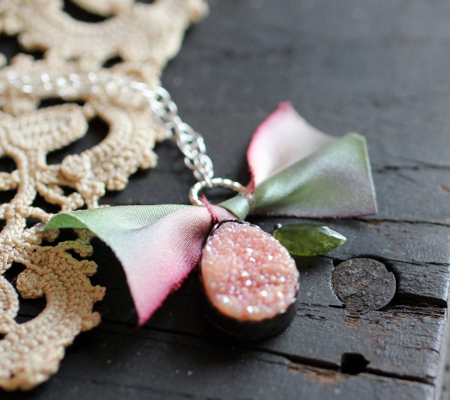Peach Blossom - Druzy Agate , Hand Dyed Silk Ribbon ,  Green Idocrase Marquise Cut