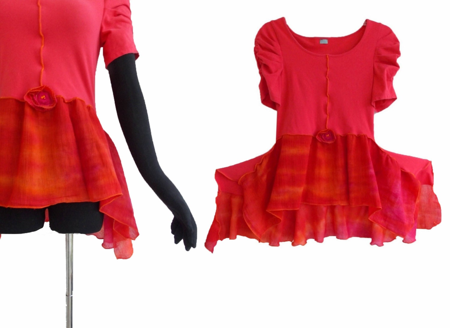 SALE Asymmetric Ruffled Floral Top Small Medium S/M Recycled Eco Friendly Women Handmade Shirt Pink Red Orange