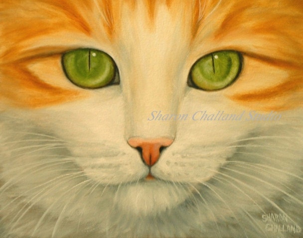 Cat PRINT cat Art from Original Painting by Sharon Challand 11 x 14" feline tabby kitty wall decor art home feline fine green white animal