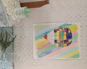 Hot air balloon flying in the sky original watercolour sketch