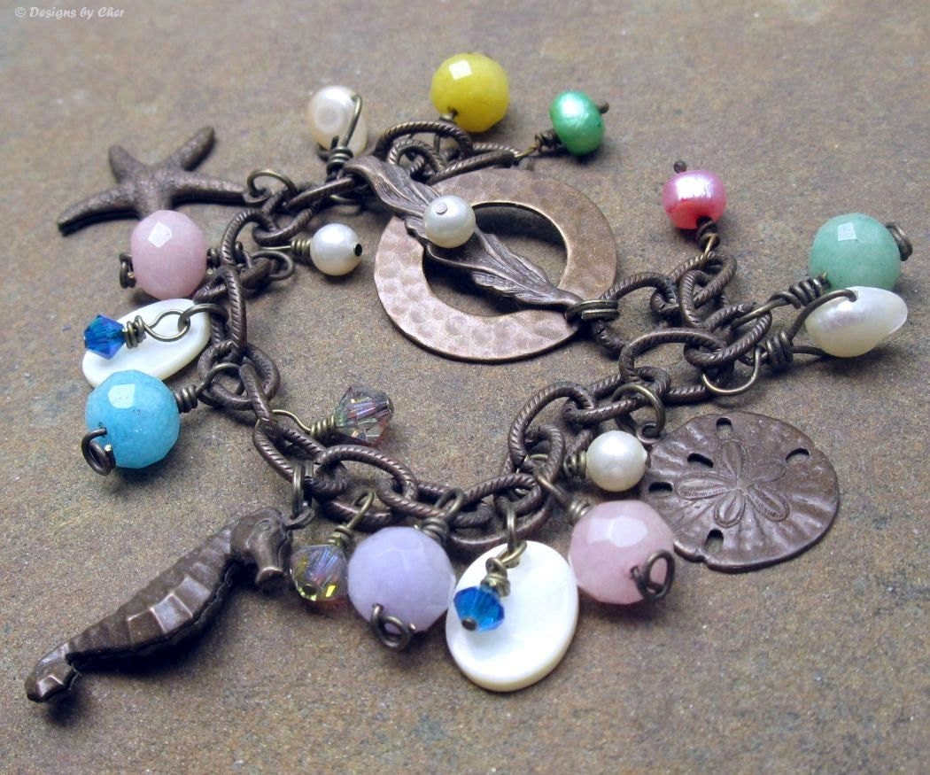 Vintaj Brass Charm Bracelet, Toggle Clasp, Textured Chain... Summer Pastels, Under the Sea