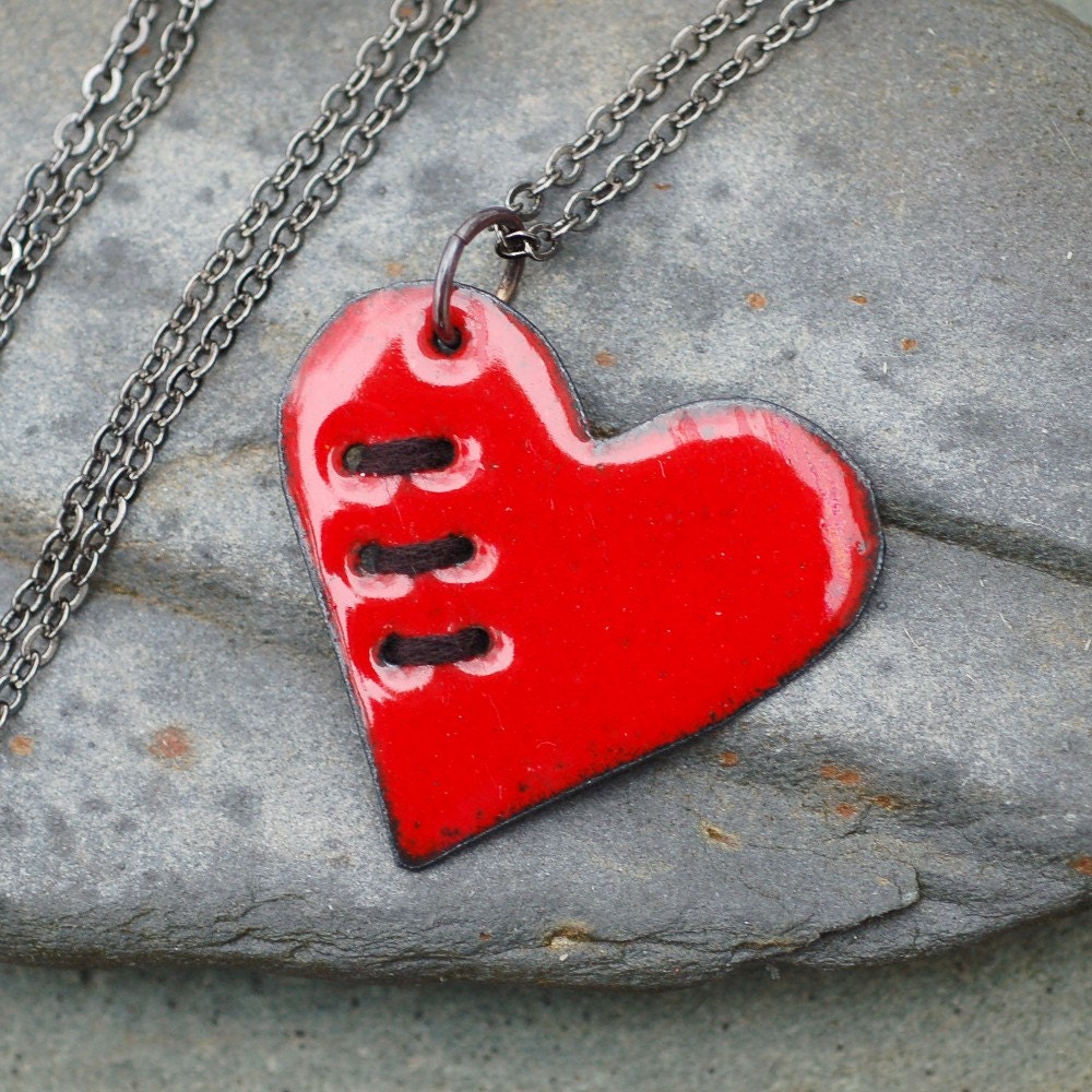 Valentine Jewelry Mended Broken Enamel Heart Pendant Necklace Copper Enameled Sewn Red Black