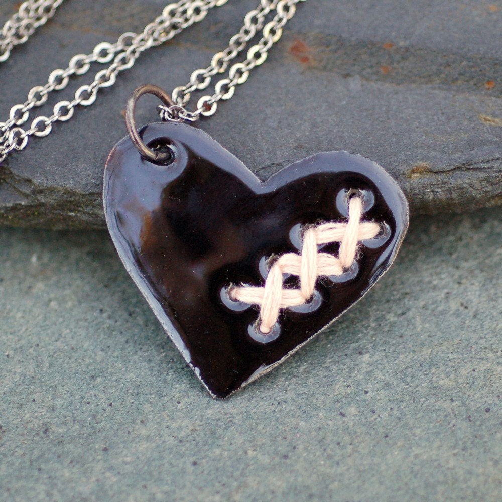 Valentine Jewelry Mended Broken Enamel Heart Pendant Necklace Copper Enameled Sewn Black Peach