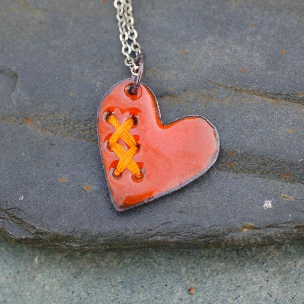 Valentine Jewelry Mended Broken Enamel Heart Pendant Necklace Copper Enameled Sewn Little Orange