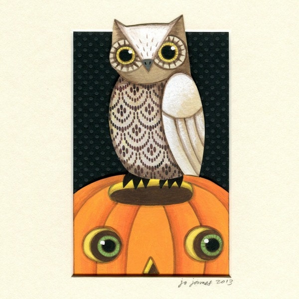 Jack-O-Lantern Owl -- Original Painting Paper Cutting Contemporary Folk Art OOAK