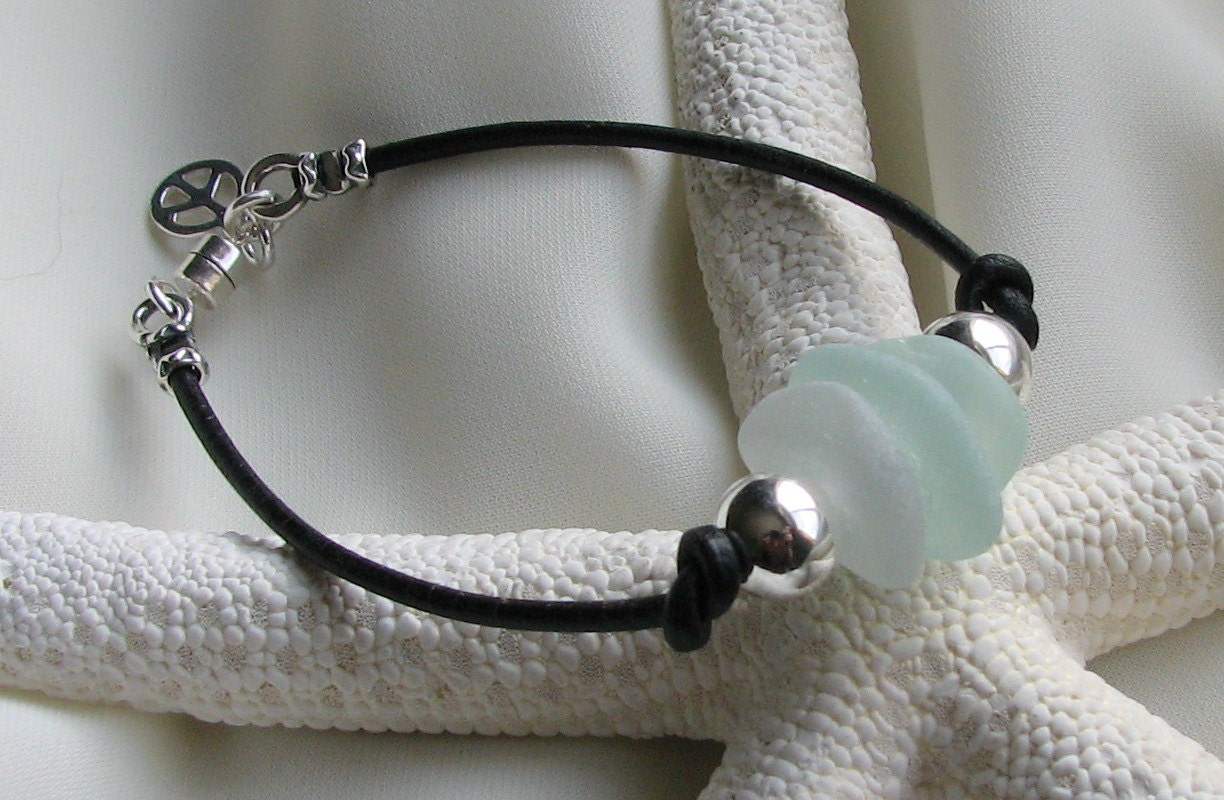 Leather and Sterling Beach Glass Bracelet