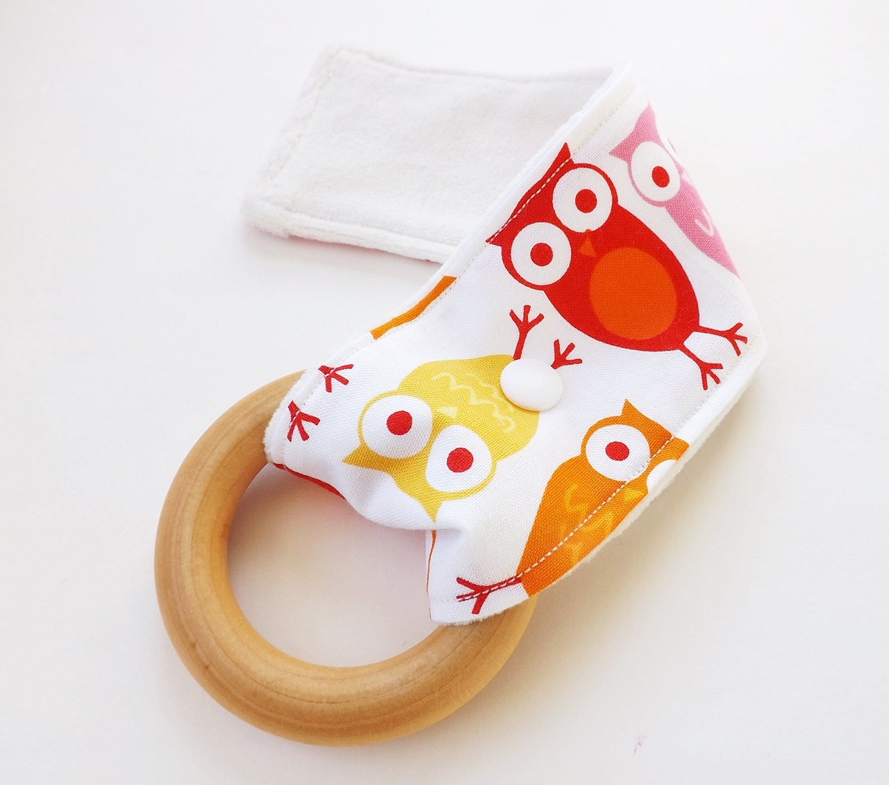 Natural Wooden Baby Teething Toy - Organic Cotton Velour with Snap - Pink Owls