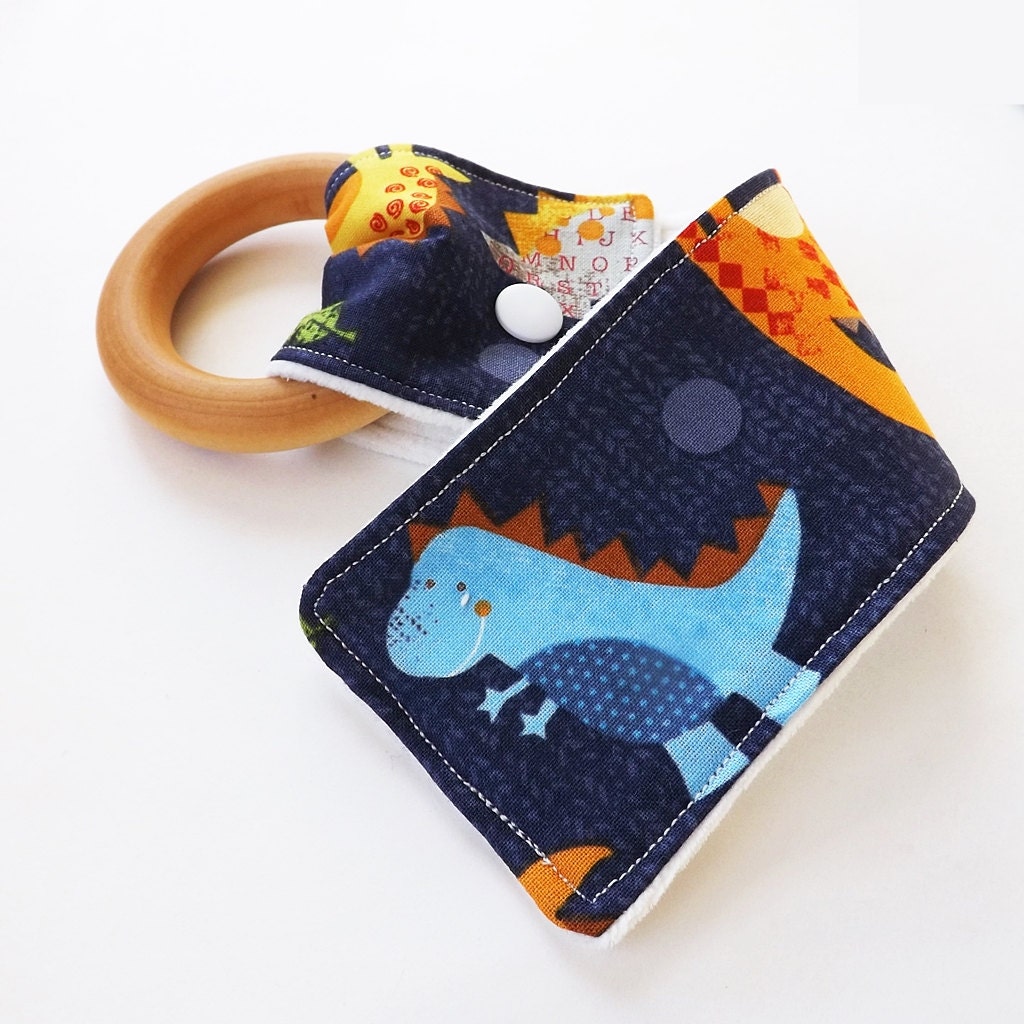 Natural Wooden Baby Teething Toy - Organic Cotton Velour with Snap - Dino Dudes Teether