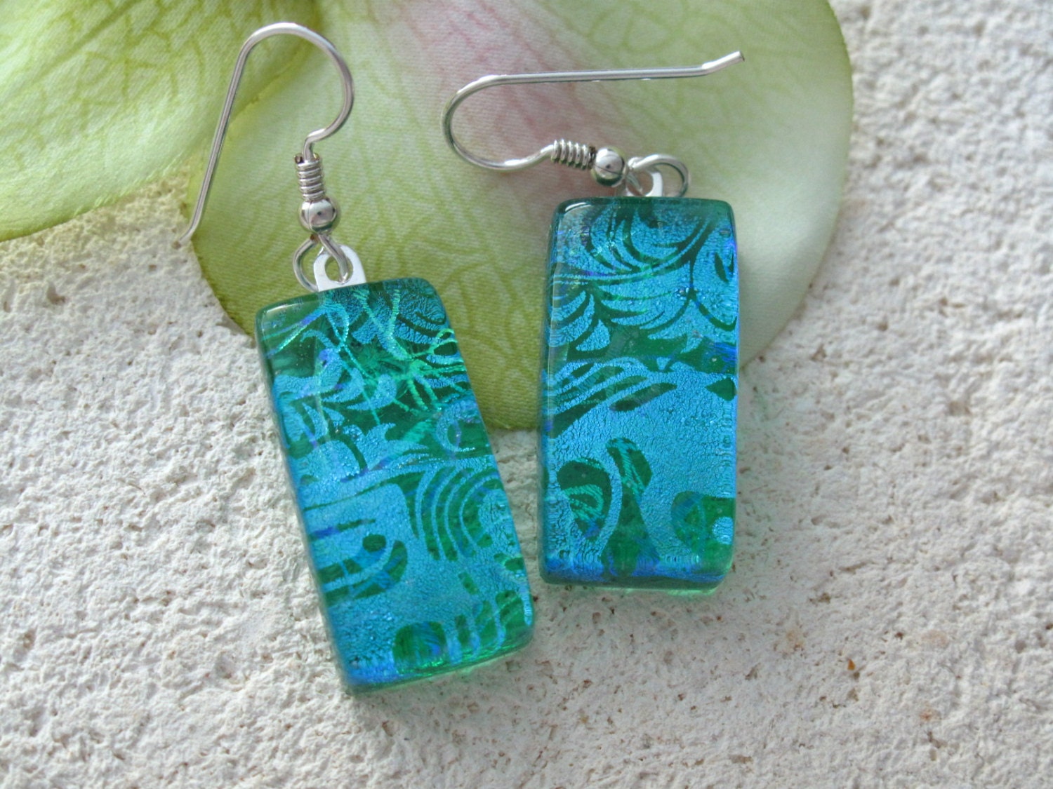 Dichroic Glass Earrings - Dichroic Fused  Glass Jewelry - Emerald Green  Aqua  - 050713e102