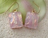Golden Pink Earrings  Dichroic Earrings - Dangle Drop Earrings - Peach Pink Earrings- Fused Glass Jewelry - 051613e102