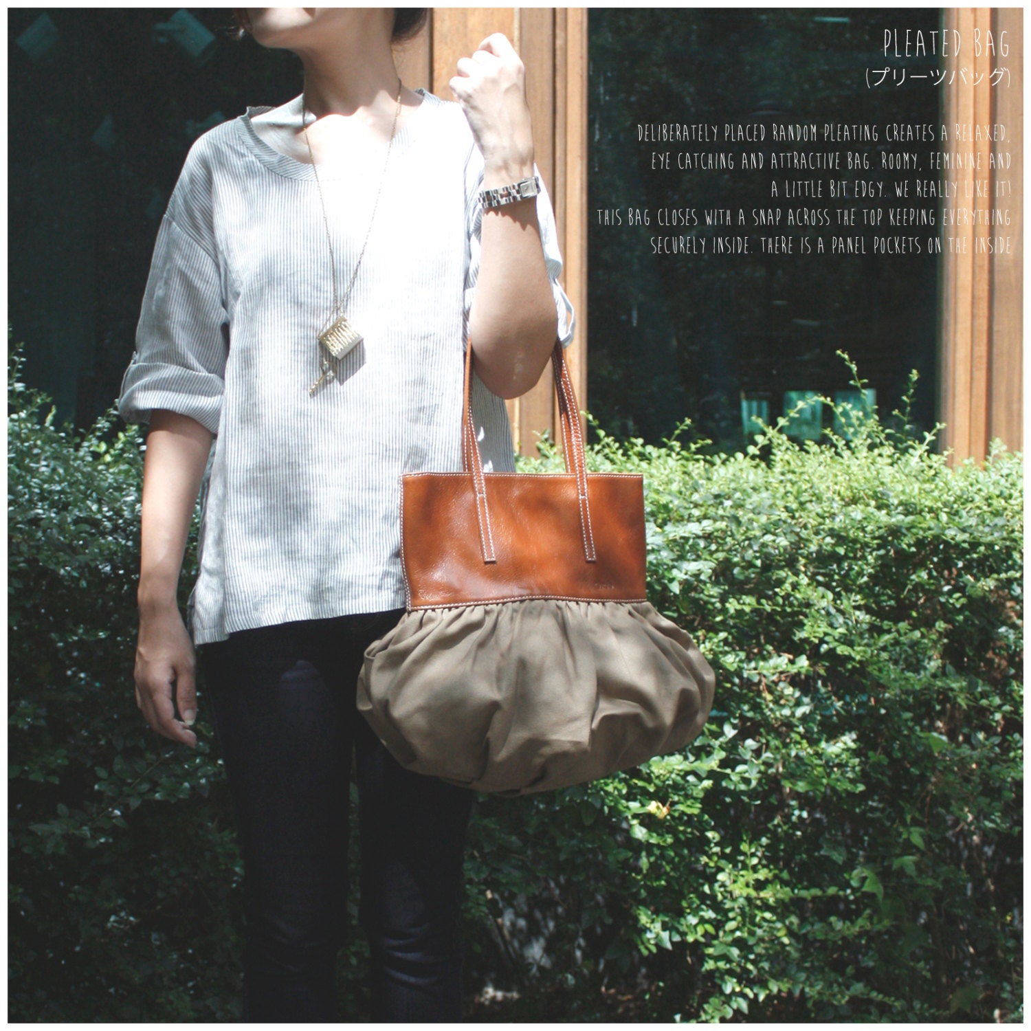 SALE 30% off (Coupon code - Marchsale) QUOTE Pleated Bag Leather N Canvas-- light brown