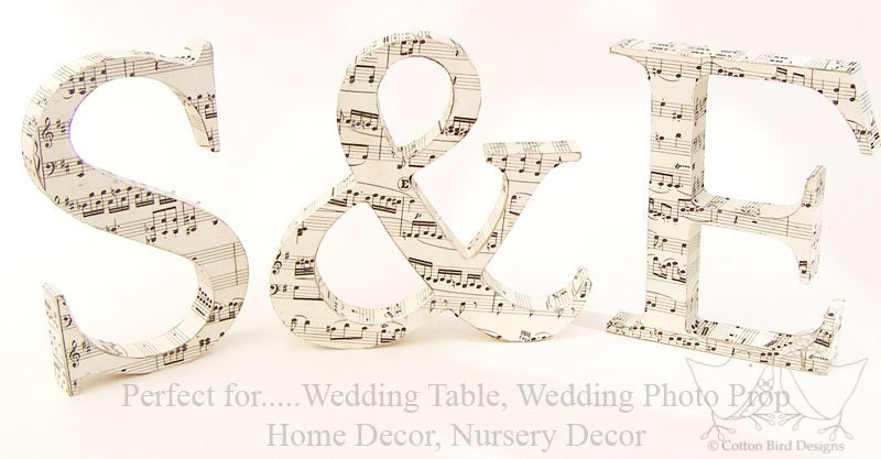 3 Vintage Music Paper Wood Letters Choose 2 letters to go with Ampersand  Wedding Photo Prop Home Nursery Decor Bride and Groom initials