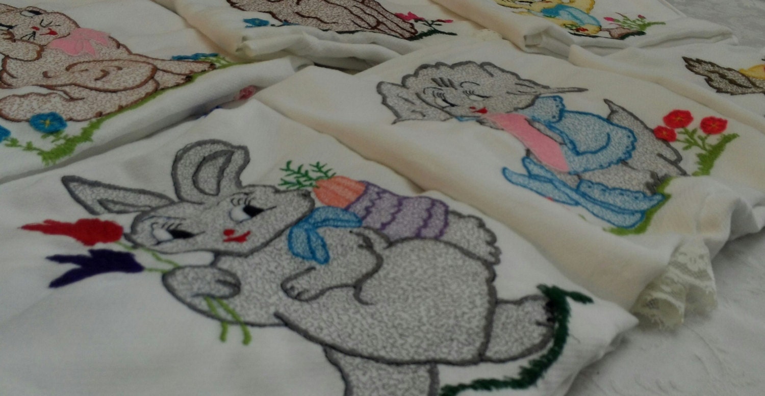 Handmade hand embroidered baby blanket vintage style bunny rabbit blue hand crochet trim