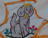 Handmade hand embroidered baby blanket vintage stye cartoon puppy dog yellow crocheted trim
